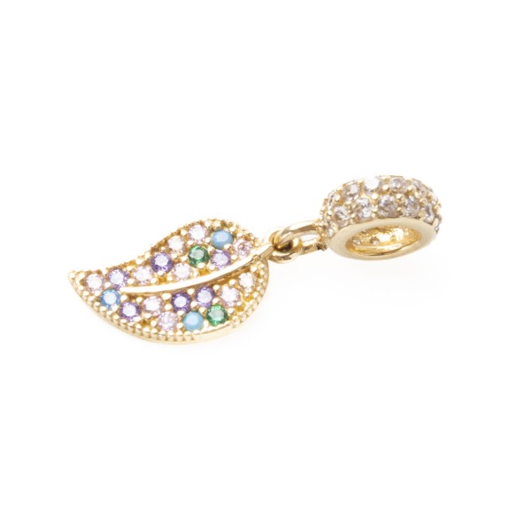 Złota zawieszka charms liść z cyrkoniami kolorowymi L851/26