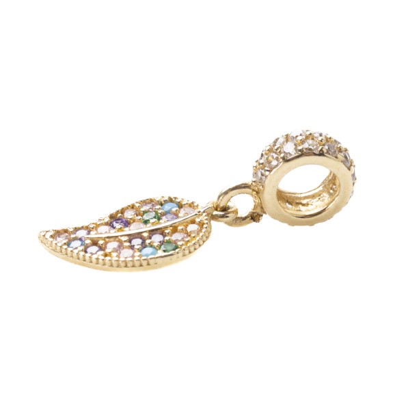 Złota zawieszka charms liść z cyrkoniami kolorowymi L851/26 2