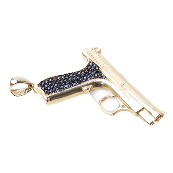 Złota zawieszka pistolet z czarnymi cyrkoniami unisex 525/23