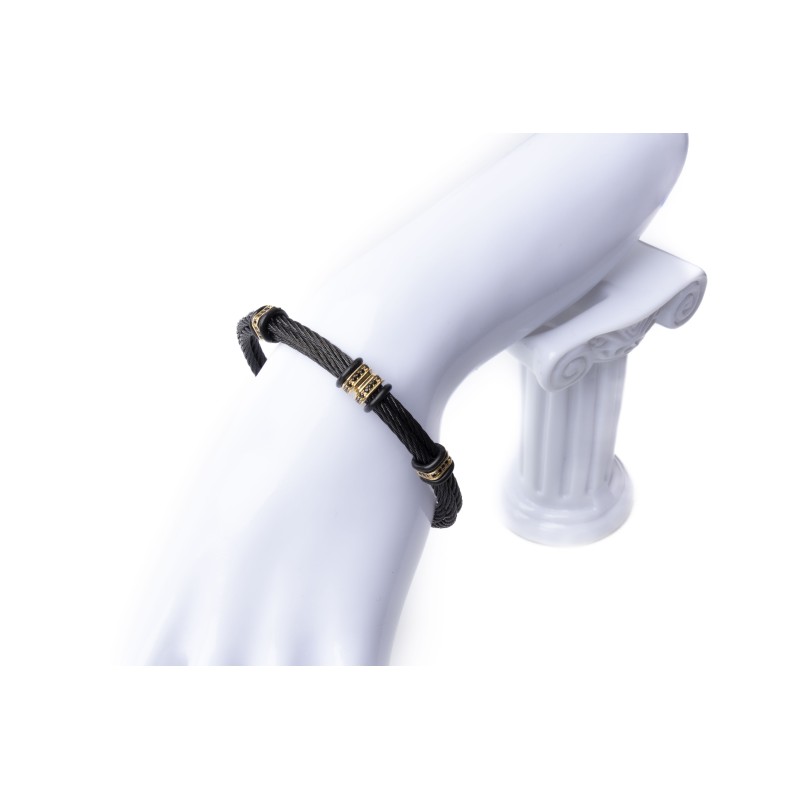 Złota bransoletka 585 z czarną stalową linką 6246